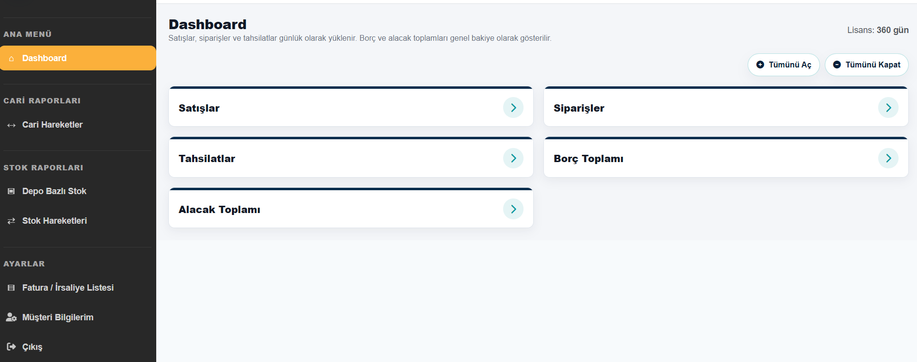 Vizlora web tabanlı Netsis rapor dashboard ekranı